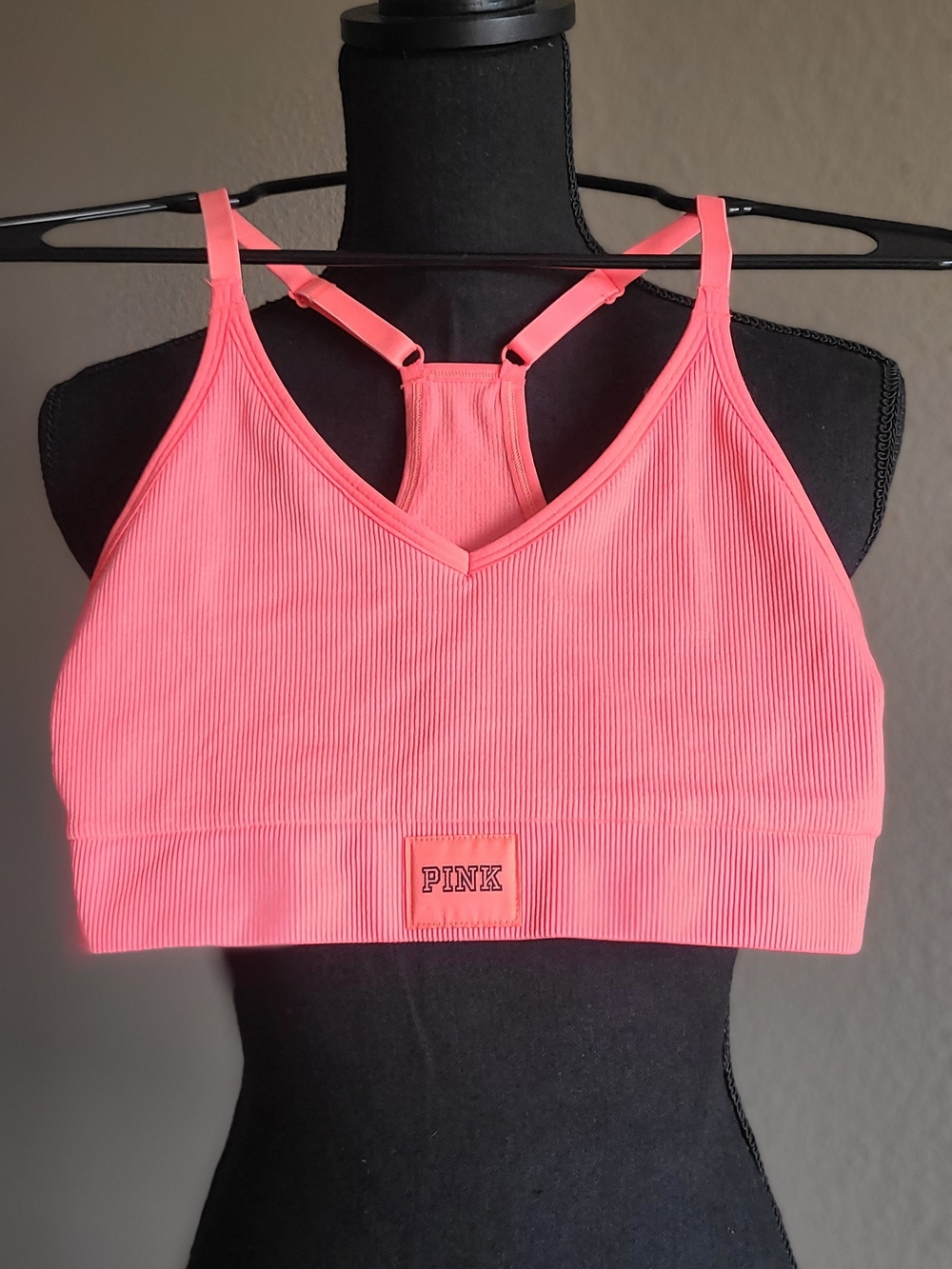 PINK ACTIVE Victoria's Secret Neon Coral Ribbed Racerback Sports Bralette